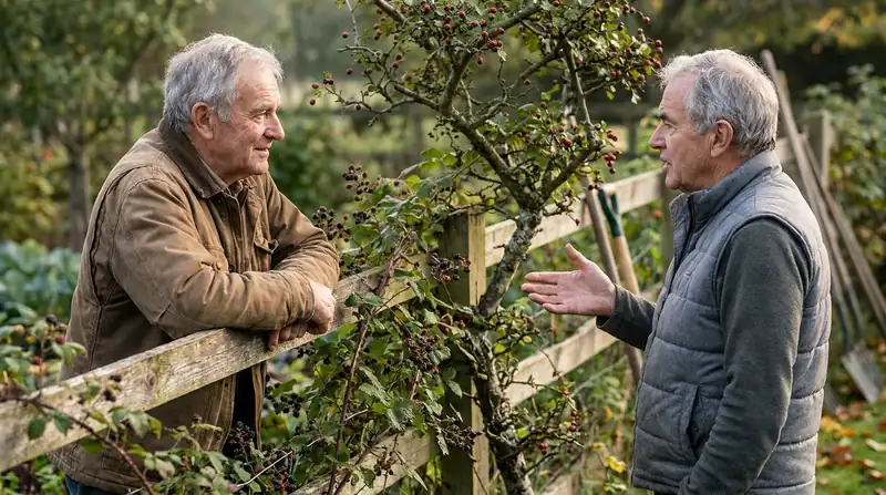 Two men in their late sixties talking across a weathered back fence tangled with blackberry canes and a hawthorn