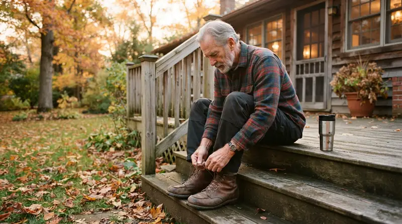 A man in his late sixties lacing up his walking boots on the back steps on an autumn morning