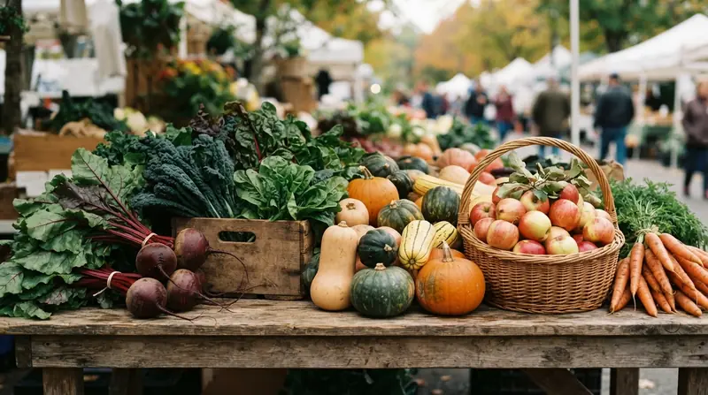 A farm-stand table piled with beets, greens, squash, carrots and apples at an autumn market