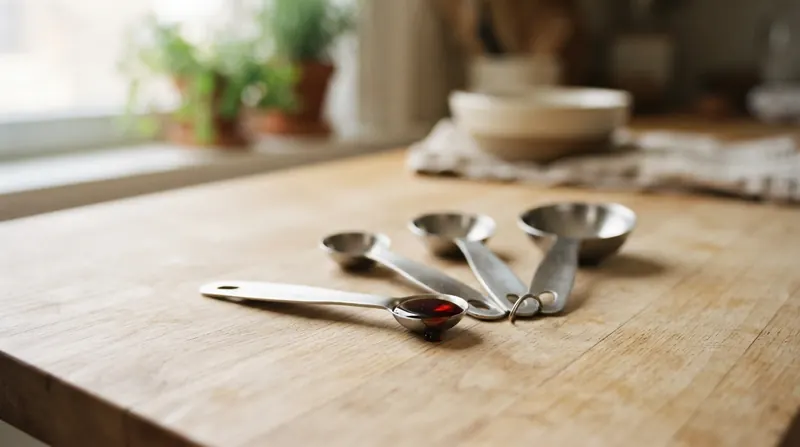 A fan of stainless measuring spoons on a wooden counter, the smallest one holding a little dark syrup