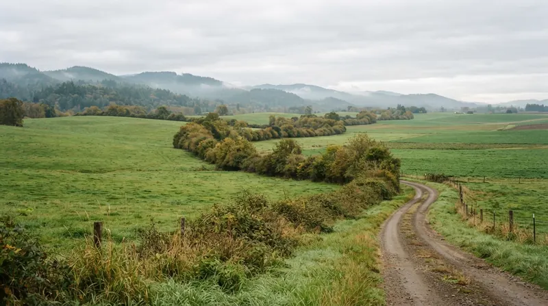Rolling farmland in a western Oregon valley with a hedgerow along a field and wooded hills behind