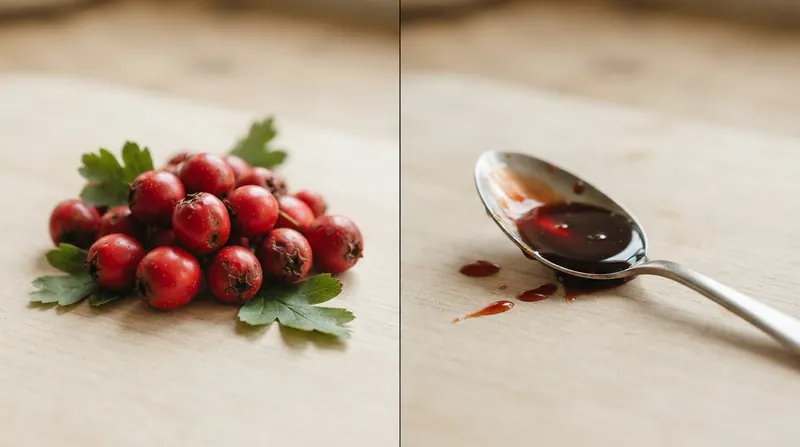 A split image with fresh red hawthorn berries on the left and a spoon of thick dark syrup on the right