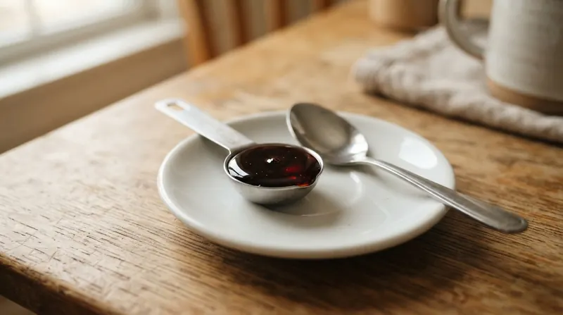 A quarter-teaspoon measure full of dark syrup beside an empty full-size teaspoon on a white saucer
