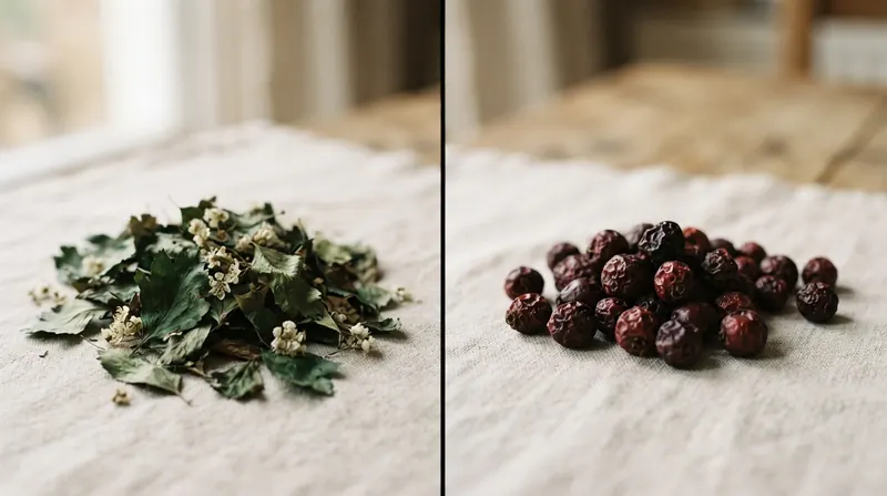 A split image with dried hawthorn leaves and flowers on the left and dried hawthorn berries on the right