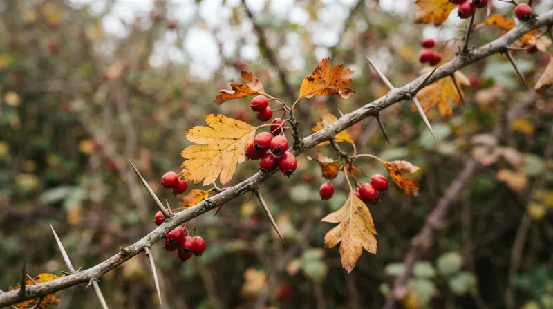 A thorny hawthorn twig with small red berries and long straight thorns in an autumn hedge