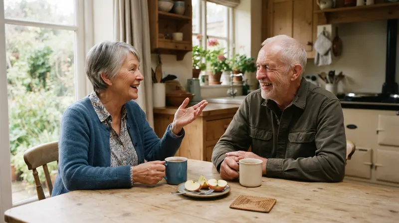 A married couple in their late sixties laughing over mugs of tea at a sunny kitchen table