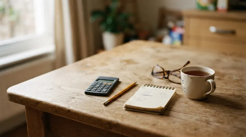 A pocket calculator, a pencil and a notepad with blurred figures beside a mug of tea on a kitchen table