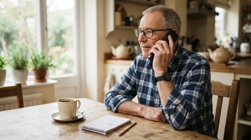 An older man at a kitchen table talking on the phone with a notepad and pencil in front of him