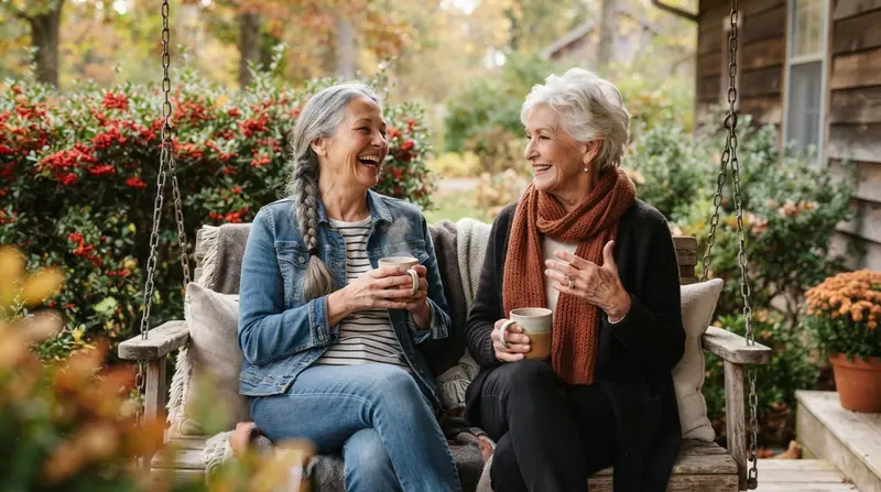 Two women in their late sixties laughing together on a porch swing with mugs of tea