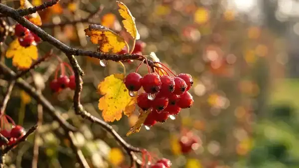 A hawthorn branch heavy with small red berries swaying slightly in an October breeze