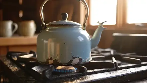 Steam beginning to rise from the spout of an enamel kettle on a stove in morning light
