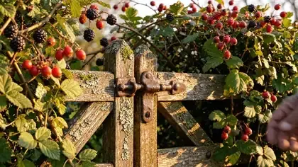 A weathered hand closing a wooden garden gate in a hedge of blackberry canes and hawthorn